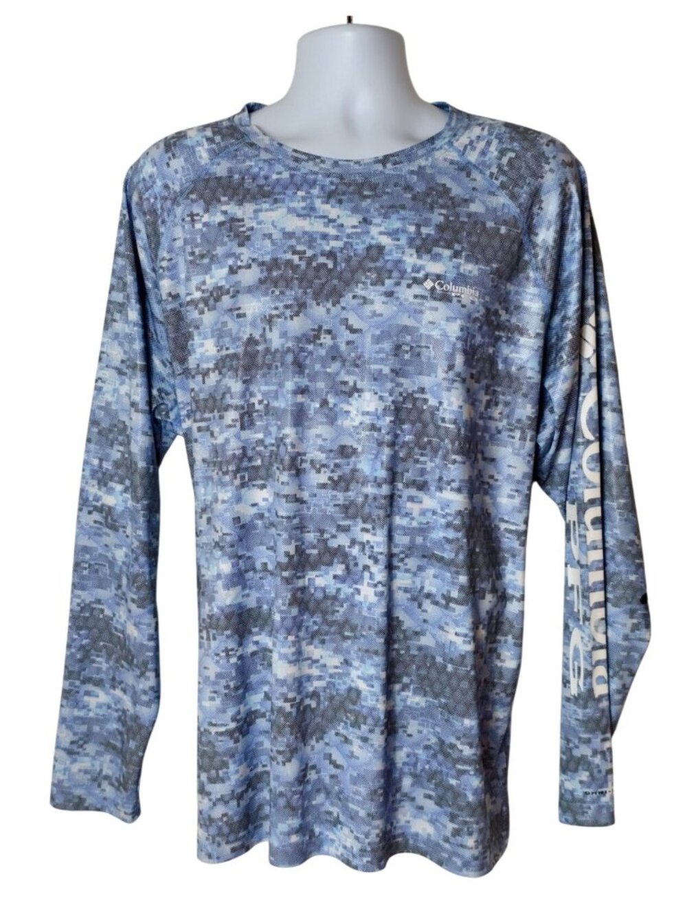 Columbia Mens XL Fishing Shirt Omni-Shade Lng Slv Solar Blue Camo Performance